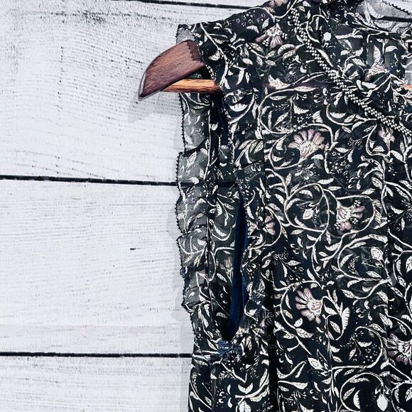 Velvet by Graham & Spencer Black Floral Print Midi Dress Tie Waist Ruffled Small - Picture 5 of 14